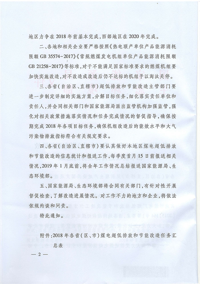 国能发电力〔2018〕65号《关于印发2018年各省（区、市）煤电超低排放和节能改造目标任务的通知》